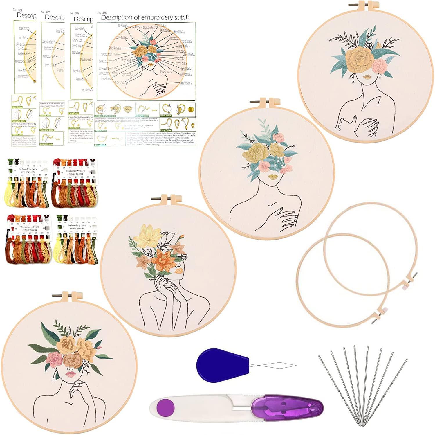 MINGHAM, MINGHAM Embroidery Starter Kits, Set of 4 Line Art Girls Embroidery Kits, Original Body Art Floral Pattern.