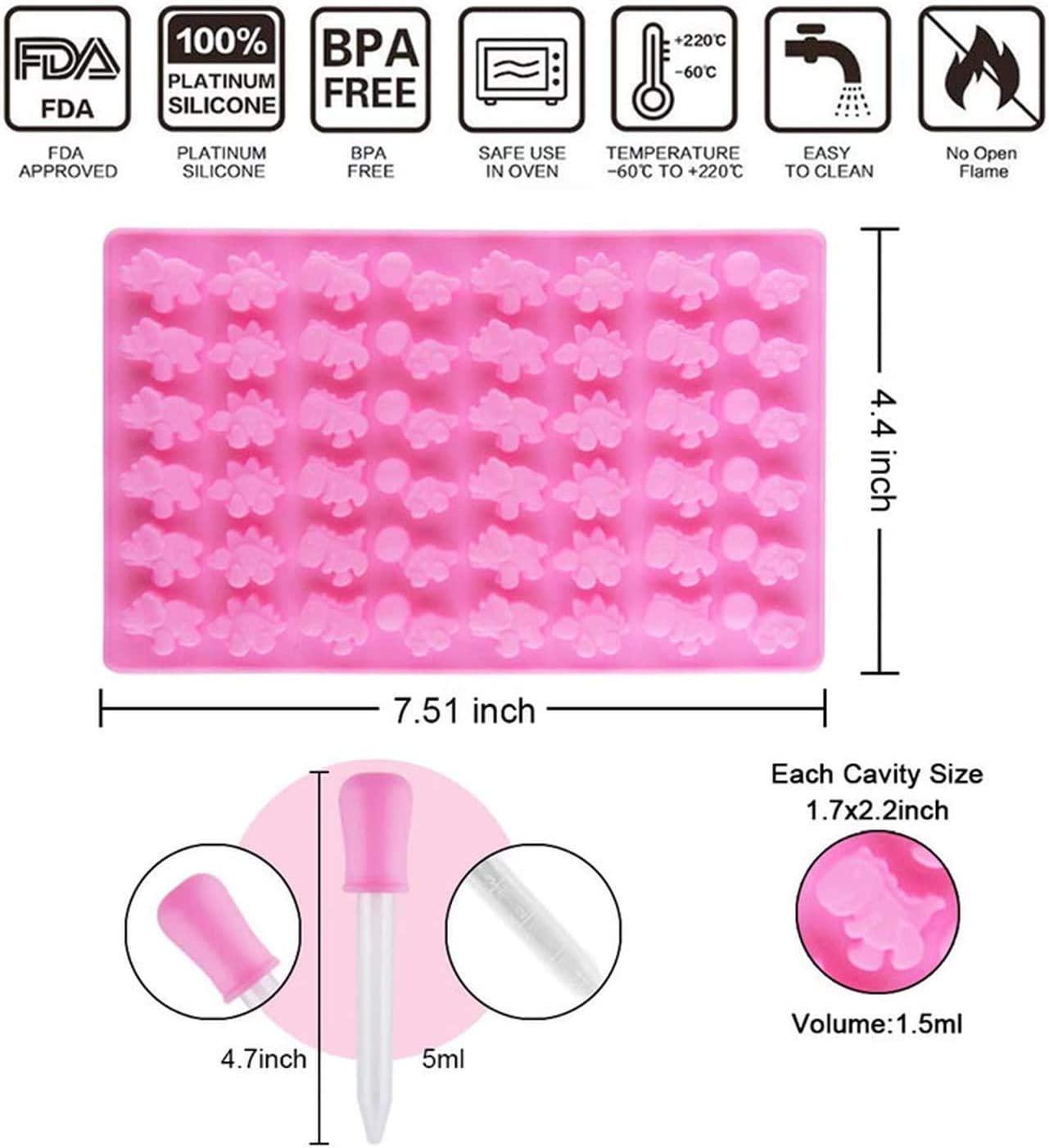 ts-craft, Mini 48 Dinosaur Silicone Gummy Chocolate Baking Mold with Dropper Ice Cube Tray Candy Sweet Jelly Mould Cake Cupcake Topper Decor Molds DIY Tool (Pink)