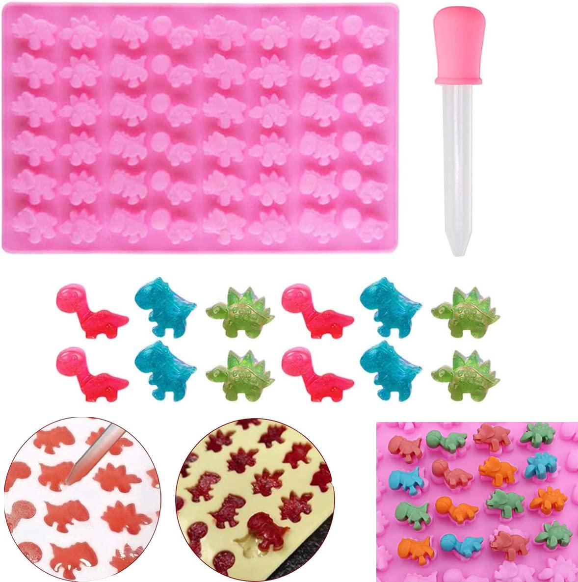 ts-craft, Mini 48 Dinosaur Silicone Gummy Chocolate Baking Mold with Dropper Ice Cube Tray Candy Sweet Jelly Mould Cake Cupcake Topper Decor Molds DIY Tool (Pink)